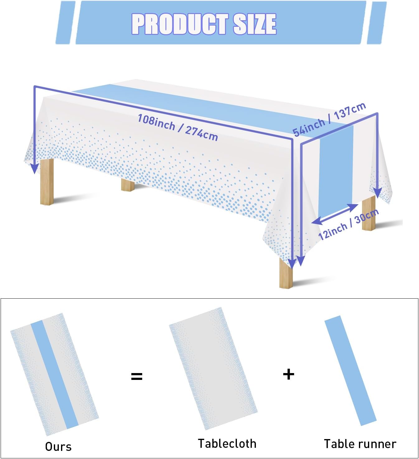 16 Pack 2in1 Disposable Plastic Tablecloths 54" x 108" White and Baby Blue Dot Party Table Cloth Rectangle Table Cover for Wedding Birthday Baby Shower Anniversary Christmas New Year Party Decorations