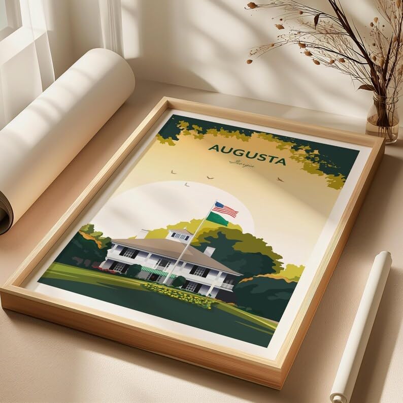 Augusta Golf Print - US Masters Clubhouse, Augusta National Golf Club Poster, Masters Golf Tournament Art, Augusta Georgia Golf Print, Vintage Golf Course Illustration (Unframed) (27x40)