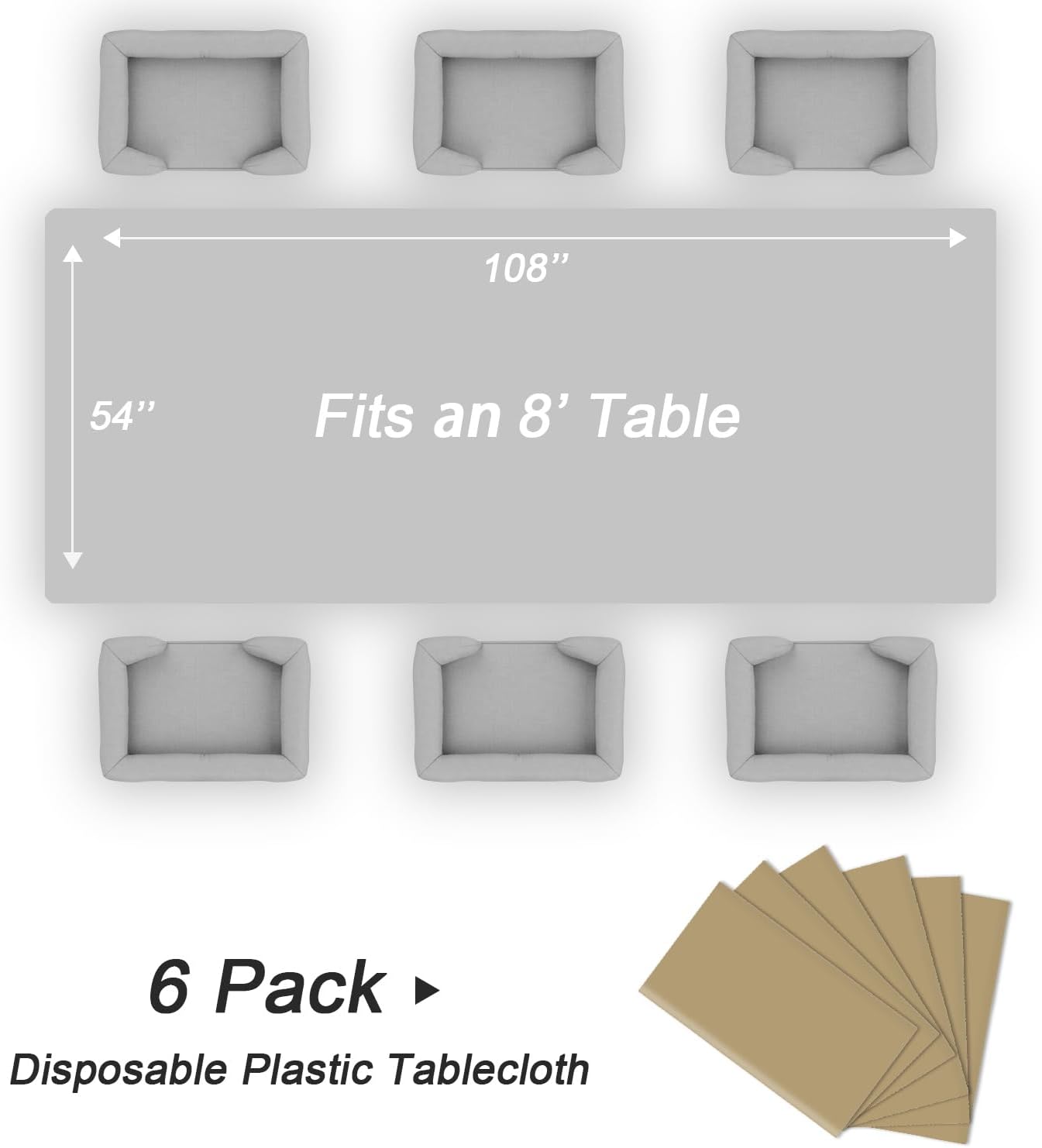 QIKSION Plastic Table Cloth Disposable 6 Pack, 54 x 108 Inch Tablecloths for Rectangle Tables, Gold Plastic Table Cover