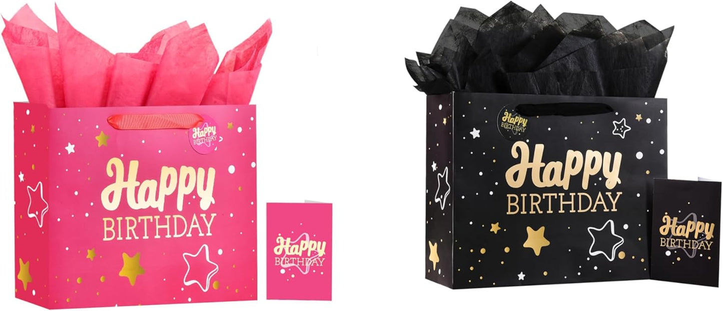 13" Pink + Black Happy Birthday Gift Bag with Tissue Paper and Greeting Card for Party,Happy Birthday Gift Bag for Men Women, Gift Bags Medium size(2 PCS Pink & Black)