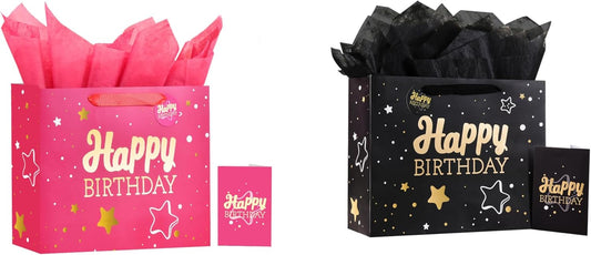 13" Pink + Black Happy Birthday Gift Bag with Tissue Paper and Greeting Card for Party,Happy Birthday Gift Bag for Men Women, Gift Bags Medium size(2 PCS Pink & Black)