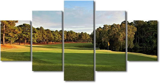 Golf Canvas Painting Prints and Poster Green Golf Course Scenery 5 Panel Pinehurst No.2 Pictures Modern Home Decor Living Room Wall Decorations Modern Large Artwork Stretched and Framed - 60"W x 32"H