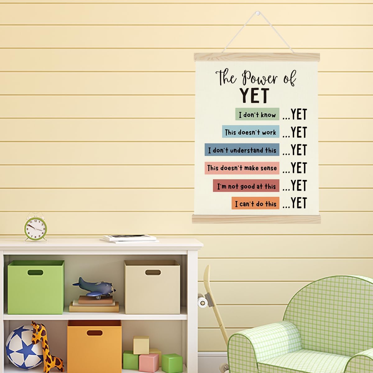 WINGTECA Motivational Decor Mental Health Poster Boho Hanger Frame Classroom The Power of Yet Colorful Wall Hanging Banner Decor for Classroom Office Kids Room 12x16Inch