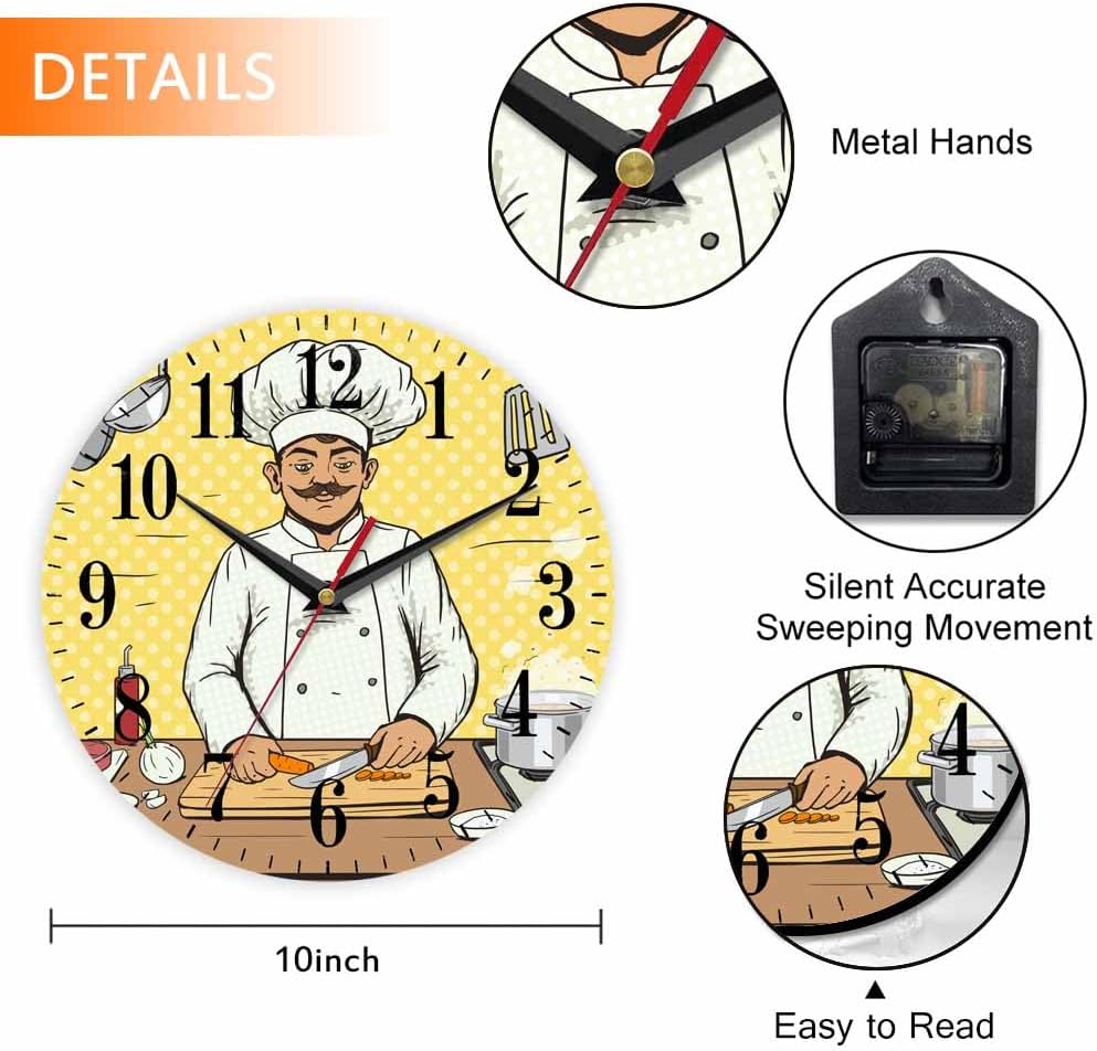 Mxocom Comic Chef Cooks Wall Clock Food Pop Kitchen Art Style 10 Inch Silent Non Ticking Battery Operated Clock Vintage Round Clock for Living Room Bedroom Bathroom Office Decor