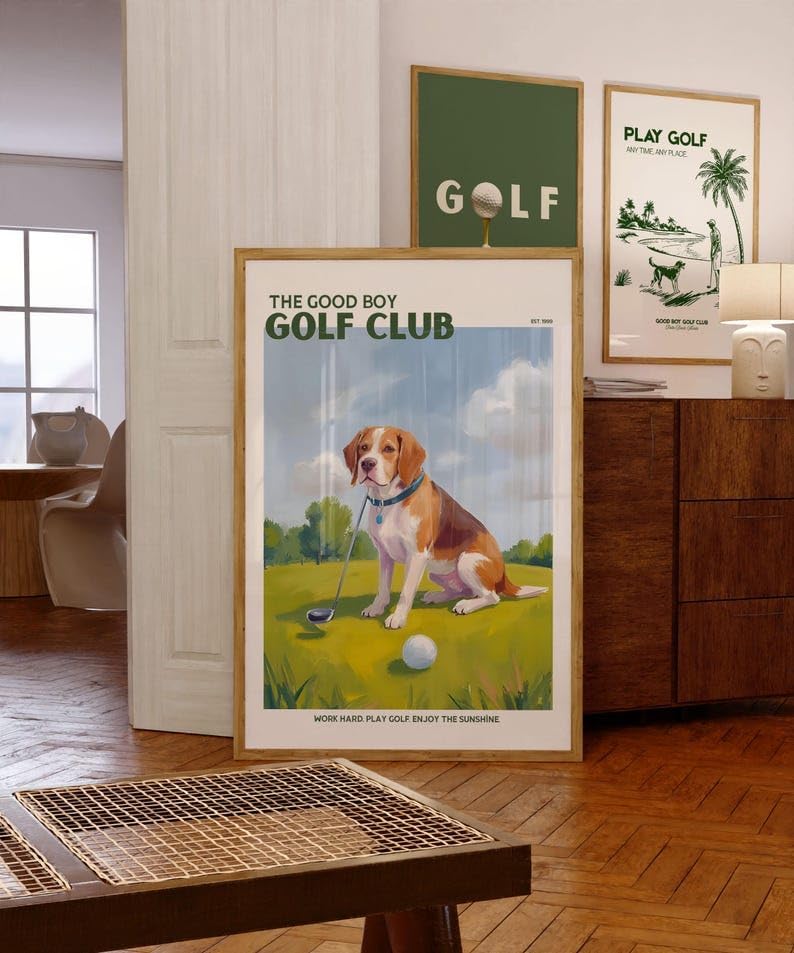 Good Boy Golf Club Poster, Beagle Dog on Golf Course Wall Art, Retro Oil Painting Style Golf Print, Funny Sports Decor, Unique Golf Course Poster for Collectors and Sports Fans (Unframed) (16x24)