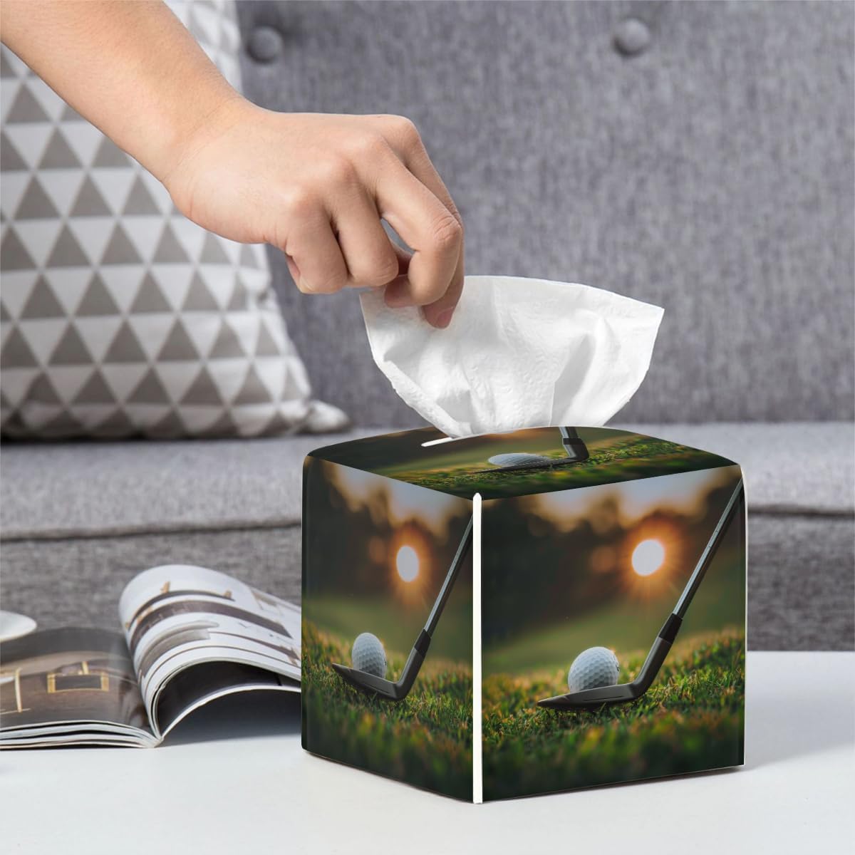 Sports Golf Theme Tissue Box Cover Square, PU Leather Facial Tissue Cube Box Holder, Modern Tissue Case Dispenser for Bedroom Tabletop Vanity Countertop