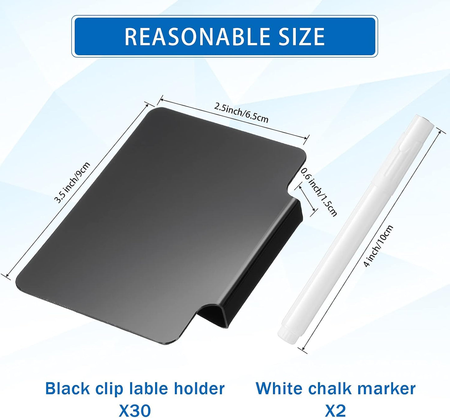 32 Pieces Basket Labels Clip Set, Include 30 Pieces Kitchen Clip Label Holder Removable PVC Bin with 2 Pieces Chalk Marker for Basket Pantry Organization Box (Black Label Clip, White Pen)