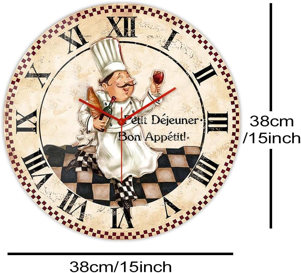 15 Inch Kitchen Wall Clock Roman Numerals, Vintage Decorative Wall Watch Clock Silent Quartz Non Ticking Battery Operated Round Wall Art Clock for Restaurant Dining Room Farmhouse Chef Gift