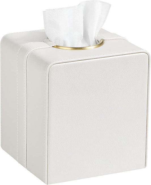 Luxury Square Tissue Box Cover, PU Leather Tissue Box Holder with Magnetic Closure and Gold Decorative Grommets for Bathroom Bedroom, Decorative Elegant Cube Tissue Holder (Cream)