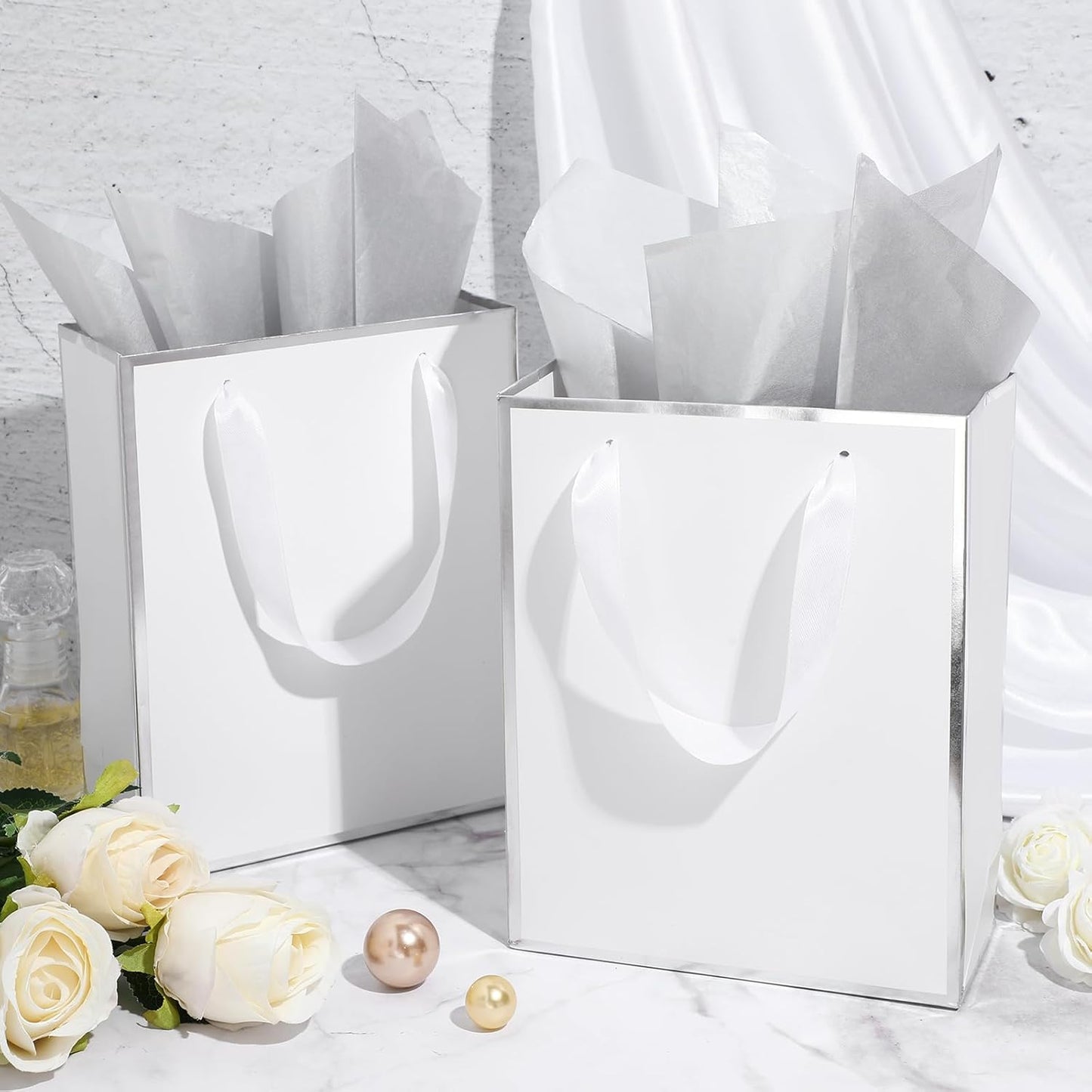Yeaqee 24 Pack Metallic Paper Gift Bags with Handle and Tissue 9x7x3.1 Gold Foil Welcome Favor Bags Return Gifts for Wedding Fall 5 Senses Christmas Bridesmaid Birthday(White, Silver)
