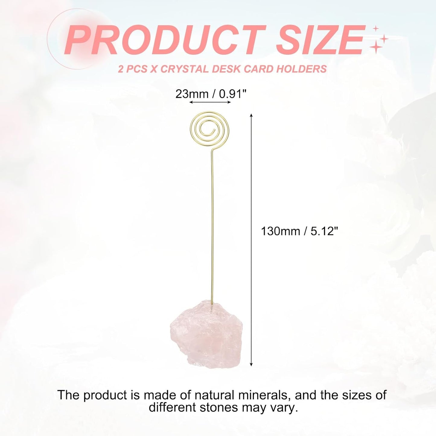 PATIKIL Table Number Holder, 2Pcs Photo Clip Holders Crystal Stone Quartz Desk Card Holder Raw Lollipop Shape Iron Memo Note Photo Stand for Wedding Party Home Office Decor, Pink