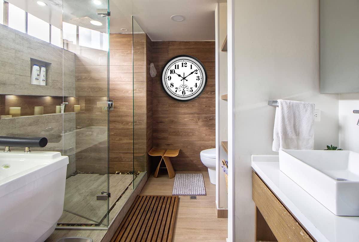 JENLYSTIME 12 Inch Indoor/Outdoor Retro Waterproof Wall Clock with Thermometer Silent Round Quartz Battery Operated Easy to Read Decorative for Kitchen Patio,Bathroom,Deck,Porch,Pool(Silver)