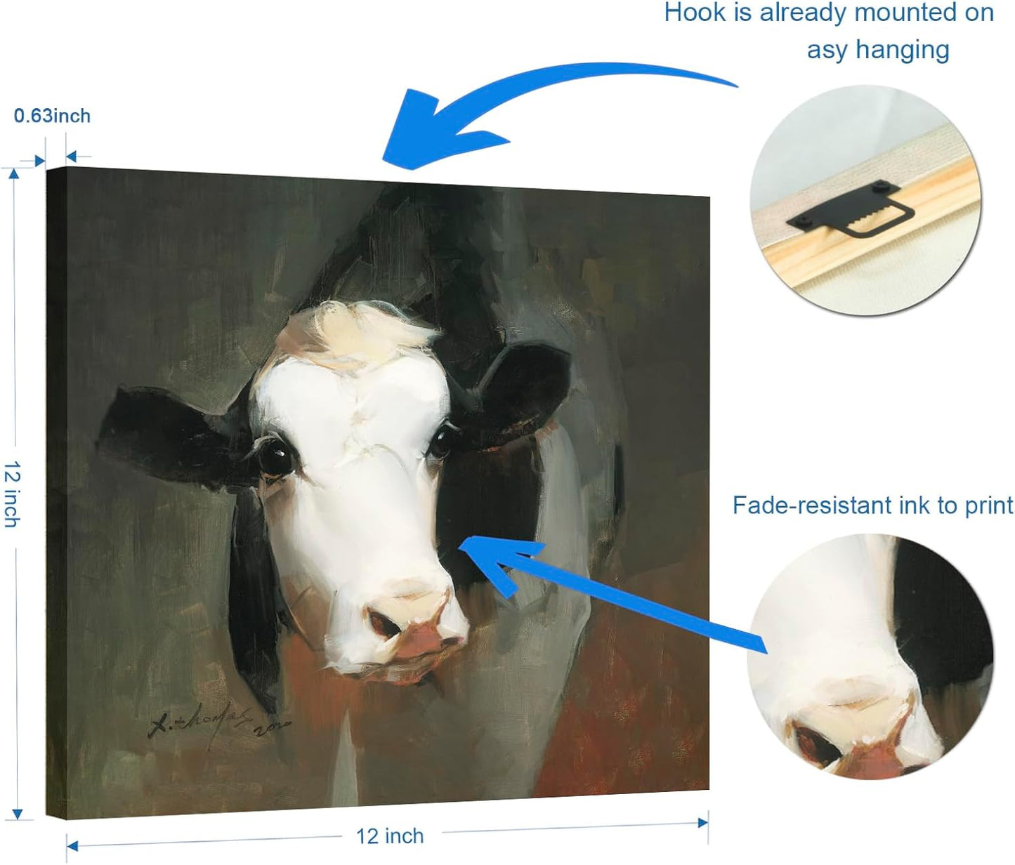 JZLDZS Farmhouse Cow Canvas Wall Art, Rustic Black & White Cow Painting Print, Country Decor for Kitchen Living Room Bathroom Bedroom, Gallery Wrapped 12x12 Inch Framed