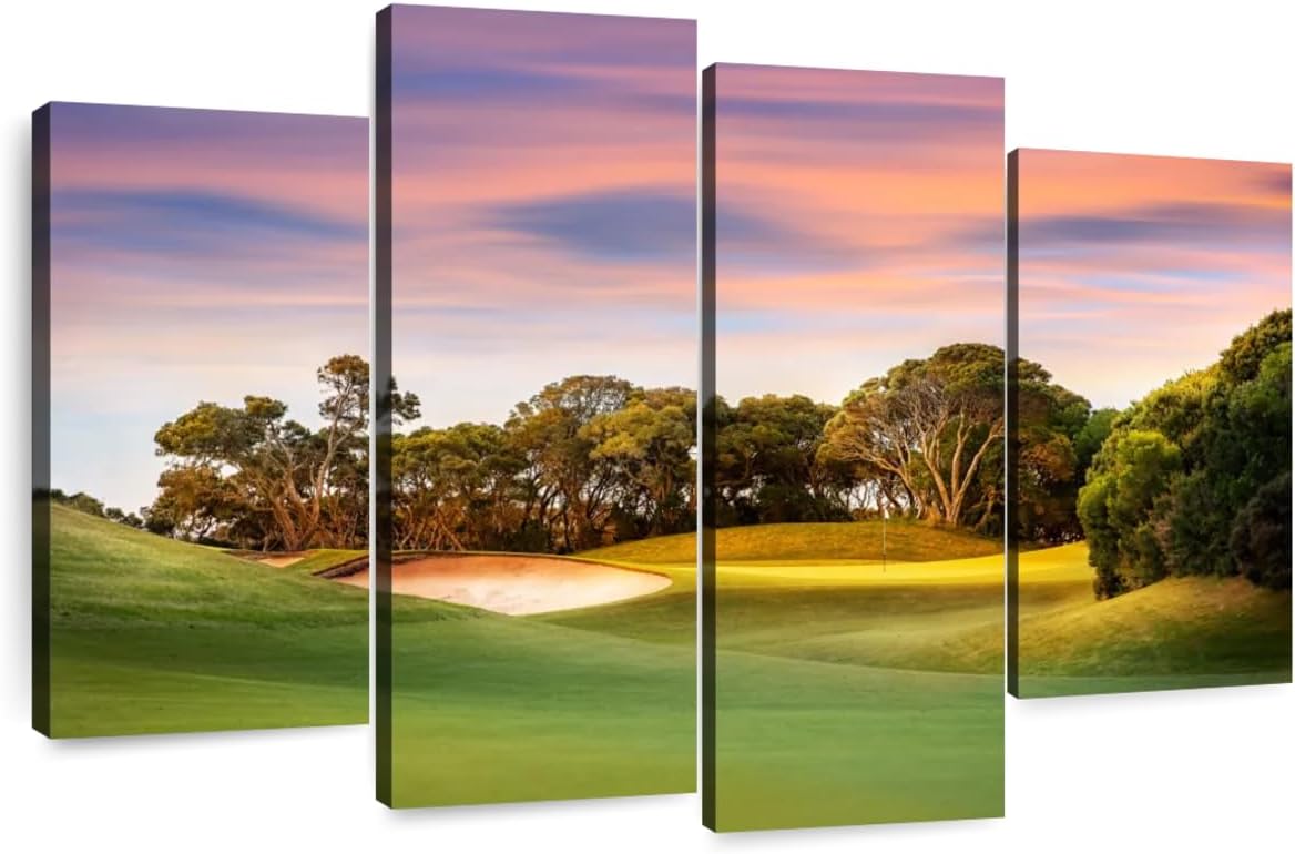 ElephantStock Golf Course Sundown Wall Art - Horizontal Canvas - 4-Piece Living Room Wall Decor - Photography Sports Canvas Print - Orange and Blue Decor for Wall - 24" X 14"