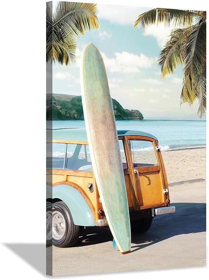 coastal wall art surfboard pictures: beach car wall decor seaside artwork surfing ocean print in beach canvas painting for bathroom 11" x 16"
