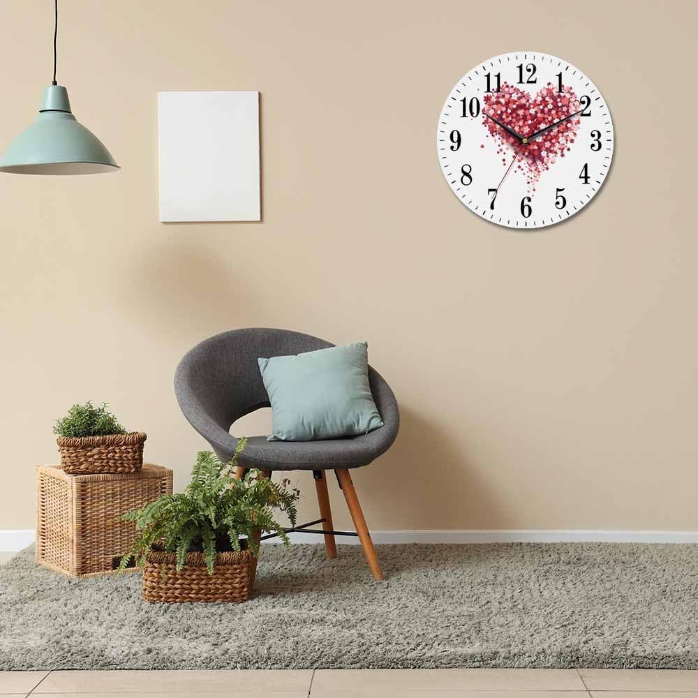 Mxocom Floral Love Heart Wall Clock Beautiful Romantic Red Pink Rose Peony Flower Petal 10 Inch Silent Non Ticking Battery Operated Clock Vintage Round Clock for Living Room Bedroom Bathroom Decor