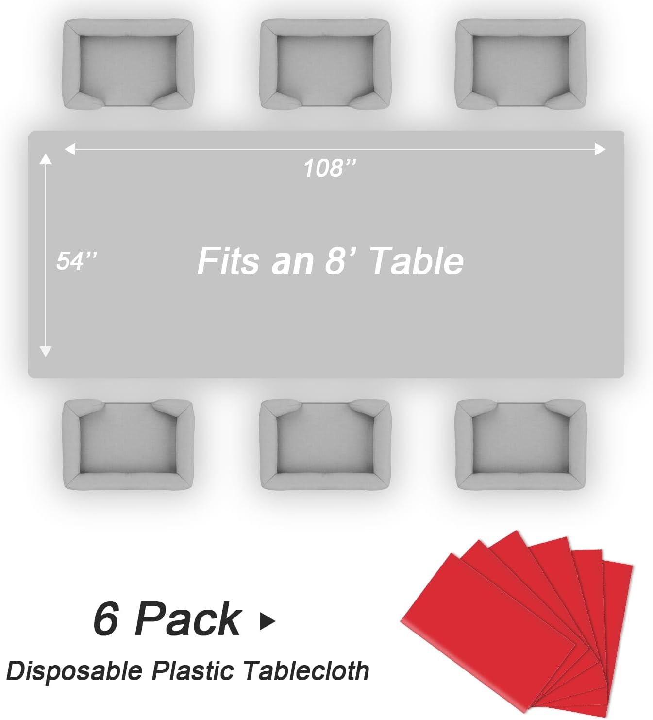 QIKSION Plastic Table Cloth Disposable 6 Pack, 54 x 108 Inch Tablecloths for Rectangle Tables, Red Plastic Table Cover