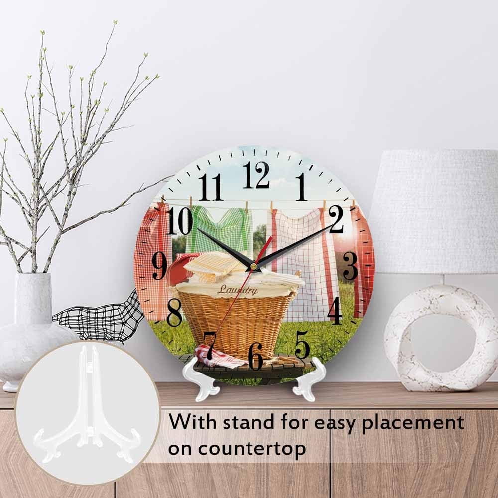 Mxocom Laundry Wall Clock Towels Hang Clothesline Basket Sunny Blue Sky 10 Inch Silent Non Ticking Battery Operated Clock Vintage Round Clock for Living Room Bedroom Bathroom Office Decor