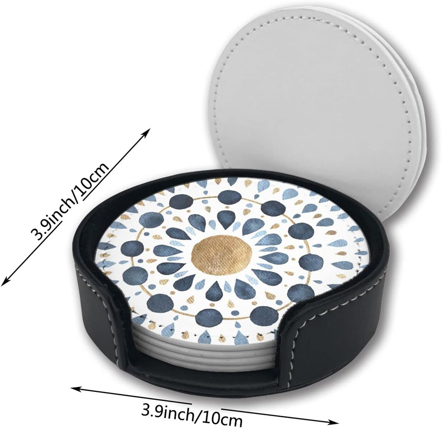 Moon Blue Gold Mandala Watercolor Leather Drinks Coasters with Holder Set of 6, Suitable for Kinds of Cups