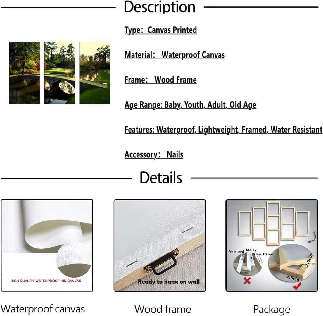 chenchenArt Augusta Golf Course Wall Art for Living Room Bedroom Home Decorations Golf Course Pictures Posters Canvas Prints Modern Artwork Framed Ready to Hang(20''W x 40''H x3)