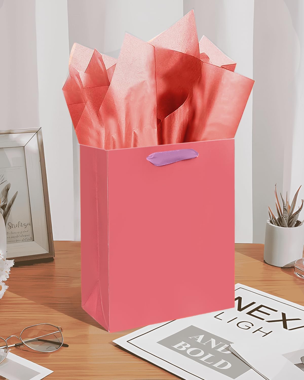 Gcardist Salmon Gift Bags with Tissue Paper for Wedding, Birthday, Party Supplies-7.9"x4.3"x9.6" Medium Size Cardboard Gift Bag（5pcs Bags +10pcs Tissue Paper ）