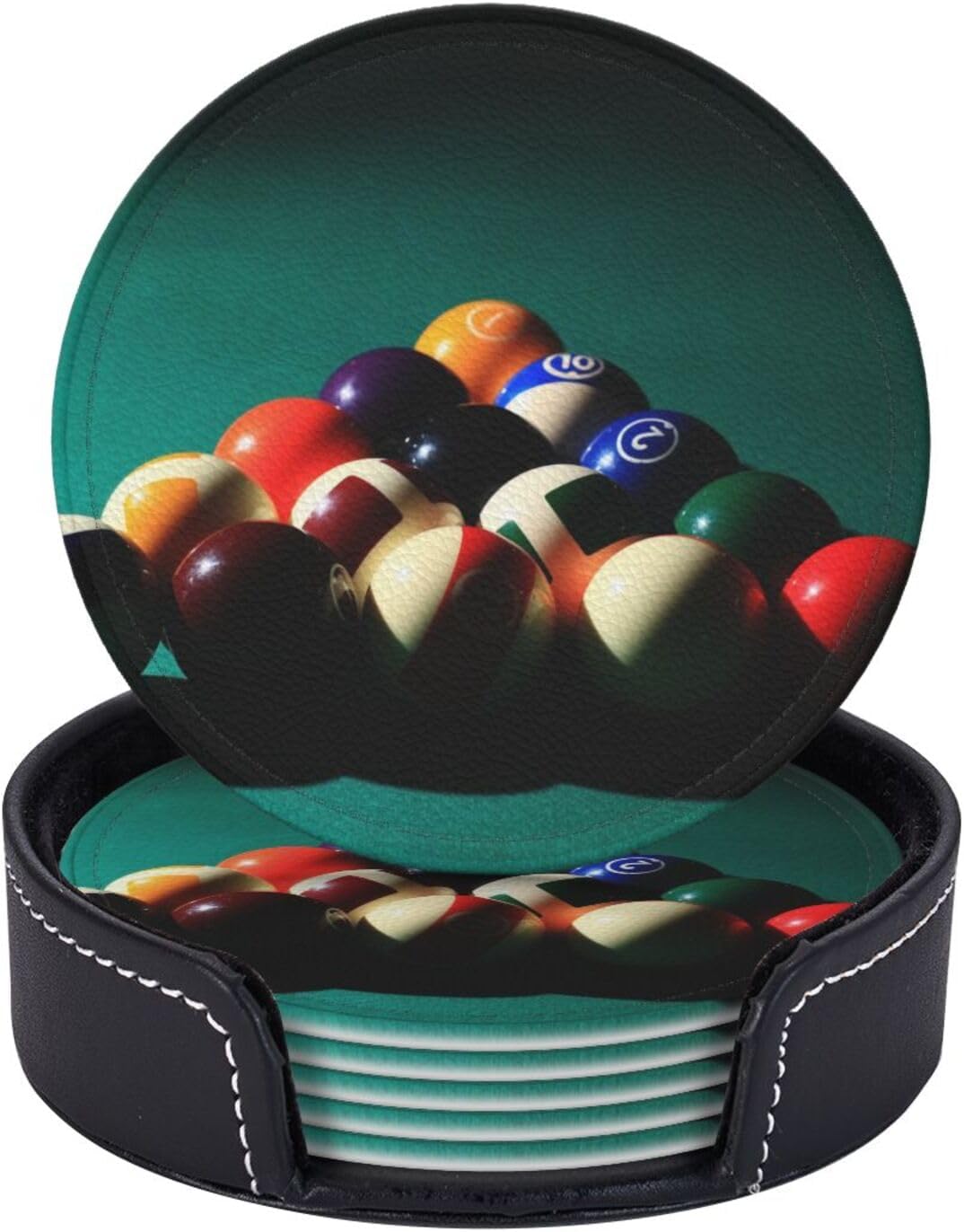Billiard Ball Cool Coasters for Drinks Round Leather Coaster with Holder Set of 6 for Tabletop Protection Desk Accessories Office Home Room Decor
