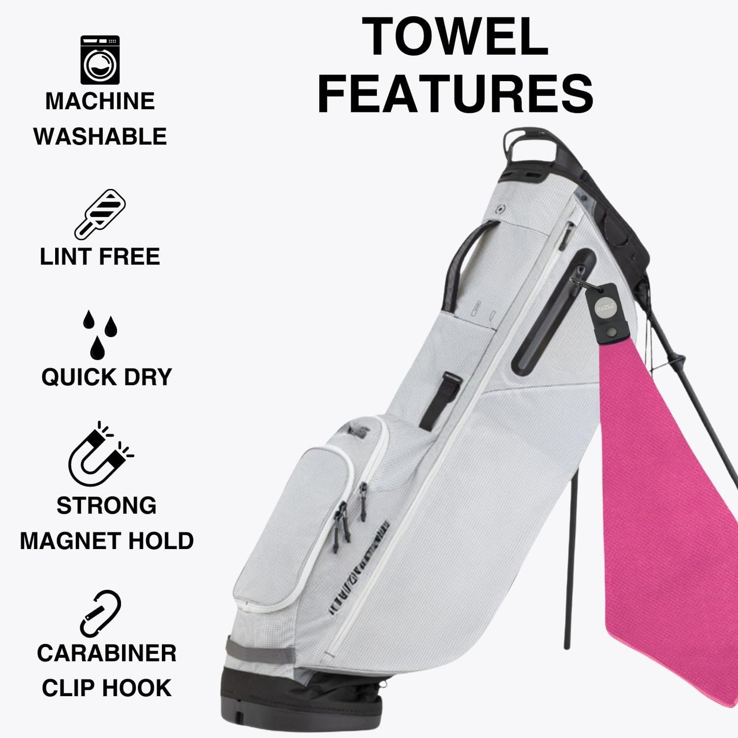 Magnetic Golf Towels for Golf Bags with Clip & Ultra Strong Magnet - Waffle Weave Microfiber Towel for Secure Hold on Bags & Carts - Ideal Club Cleaner & Accessories - Pink