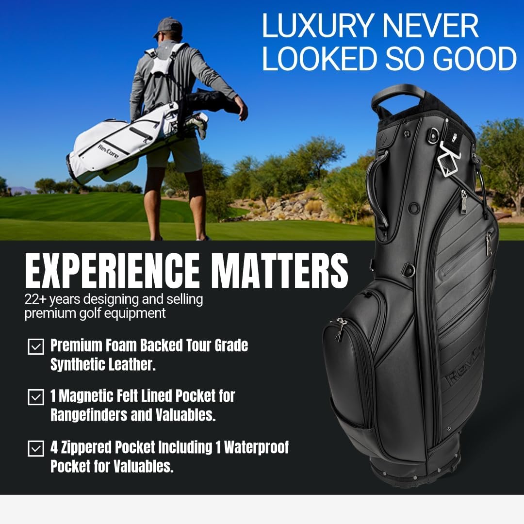 RevCore LT Lightweight Golf Stand Bag by CaddyDaddy – Premium Synthetic Leather Carry Golf Bag for Men & Women with 5-Way Divider, Cooler Pocket, Dual Strap – Golf Bag with Stand