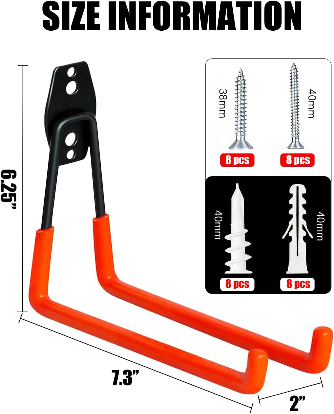 WMK Garage Hooks 4 Pack Wall Storage Hooks Heavy Duty Steel Tool Hangers for Utility Organizer, Wall Mount Holders for Garden Lawn Tools, Ladders, Bike (Orange)