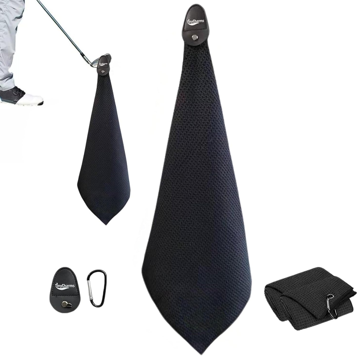 Magnetic Golf Towel, 16"x16" Black Microfiber, Strong Magnet & 3 Grommet Design, Carabiner Hook, Super Absorbent & Easy Clean, Golf Bag Accessory (Black, (16"*16") x2)