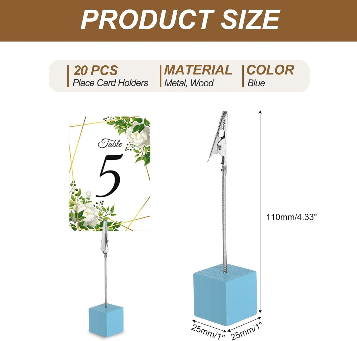 PATIKIL Place Card Holder, 20Pcs Memo Clip Holder Stand with Alligator Clasp Table Number Holders Wooden Base for Pictures Note Card Paper, Light Blue