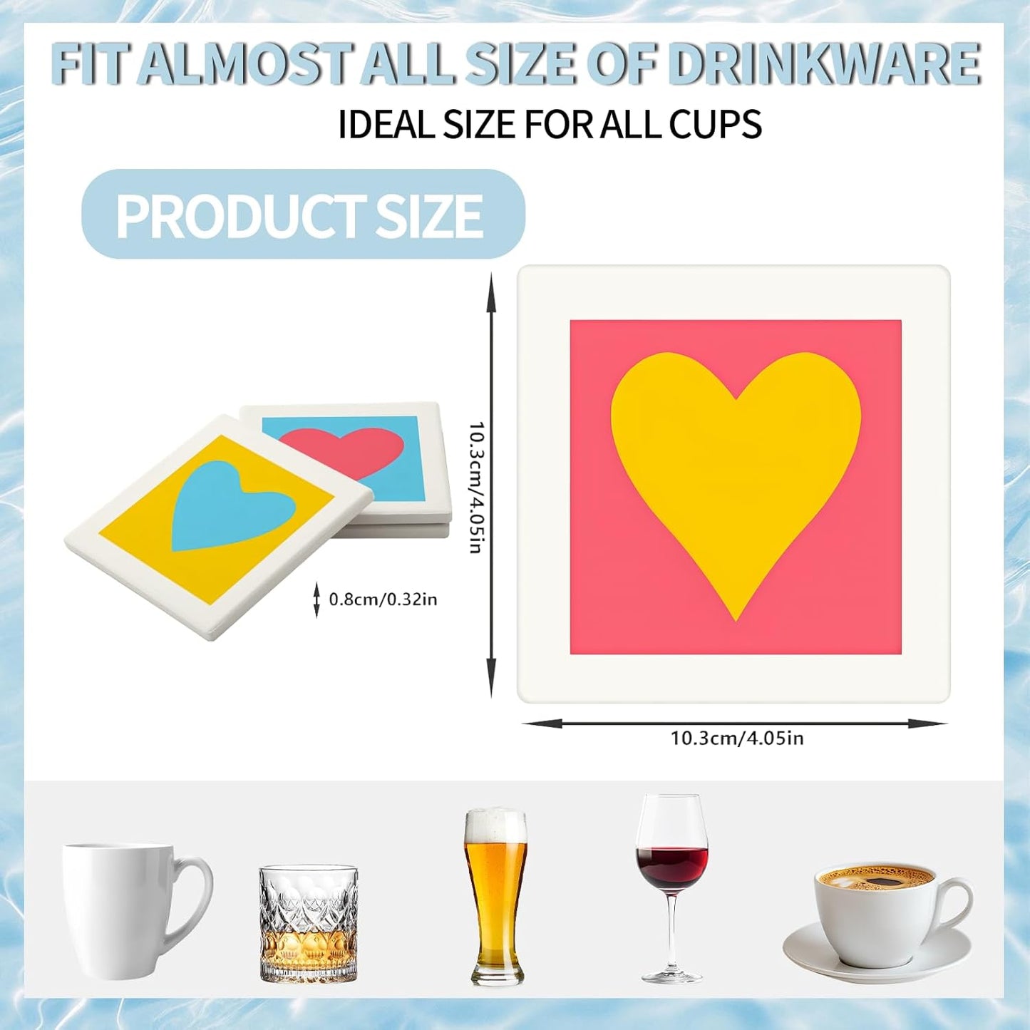 MAYCARI Love Hearts Printed Coasters Set of 6 Cork Backed Minimalist Aesthetic Coasters with Metal Holder Ceramic Surface Drink Cup Mats for Tabletop Protection Desk Decoration Valentine's Day Gifts