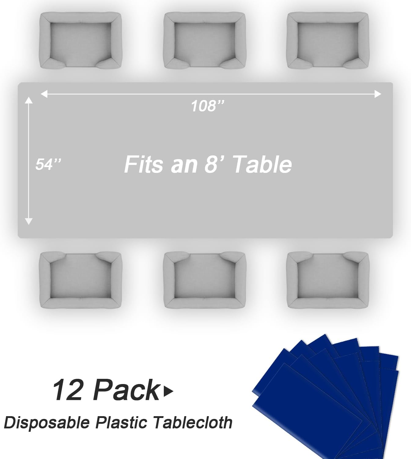 QIKSION Plastic Table Cloth Disposable 12 Pack, 54 x 108 Inch Tablecloths for Rectangle Tables, Royal Blue Plastic Table Cover