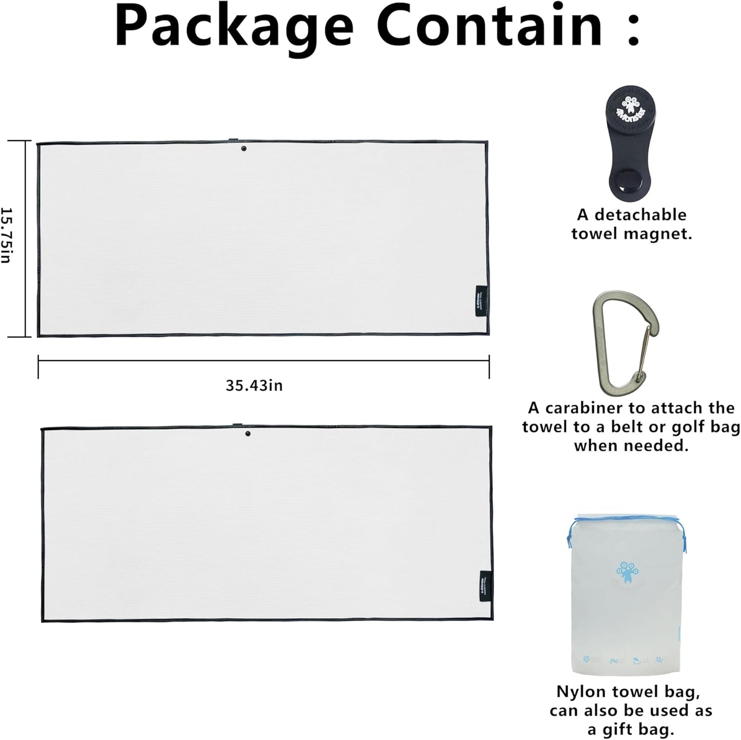 4Monster Golf Towels 2-Pack with Detachable Magnet and Portable Pouch, Quick-Dry Microfiber Golf Towel Set for Golf Bags,Custom Towel Gifts for Men or Women (2, White)