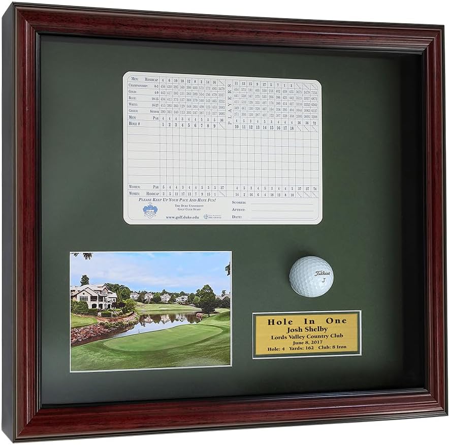 Golf Hole-in-One Shadowbox | Displays Ball, Scorecard, and Photo | 3 Frame Colors | Engraved Plate | Install Scorecard & Ball Yourself | Upload Your Photo | Made in The USA (Cherry)