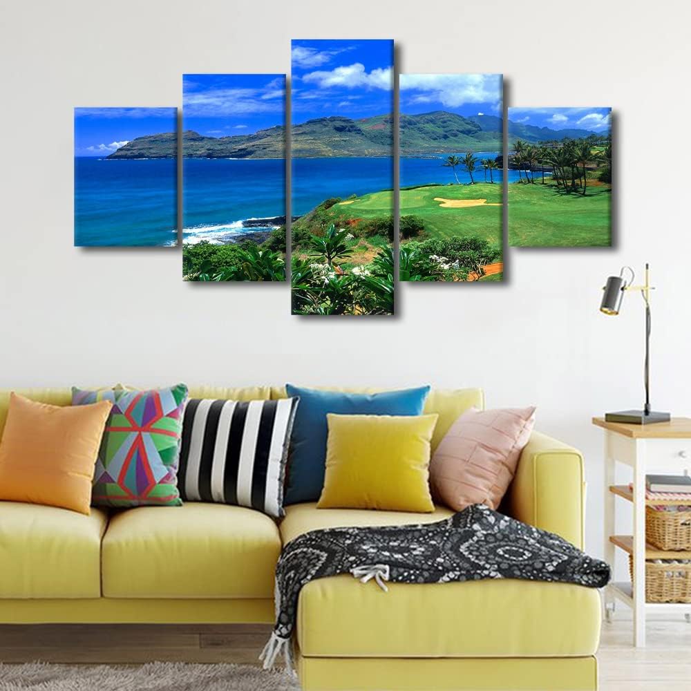 Golfing Wall Pictures for Living Room Golf Course Paintings Artwork 5 Piece Green Canvas Wall Art HD Prints Giclee Modern House Decor Wooden Framed Gallery-Wrapped Ready to Hang - 60" W x 32" H