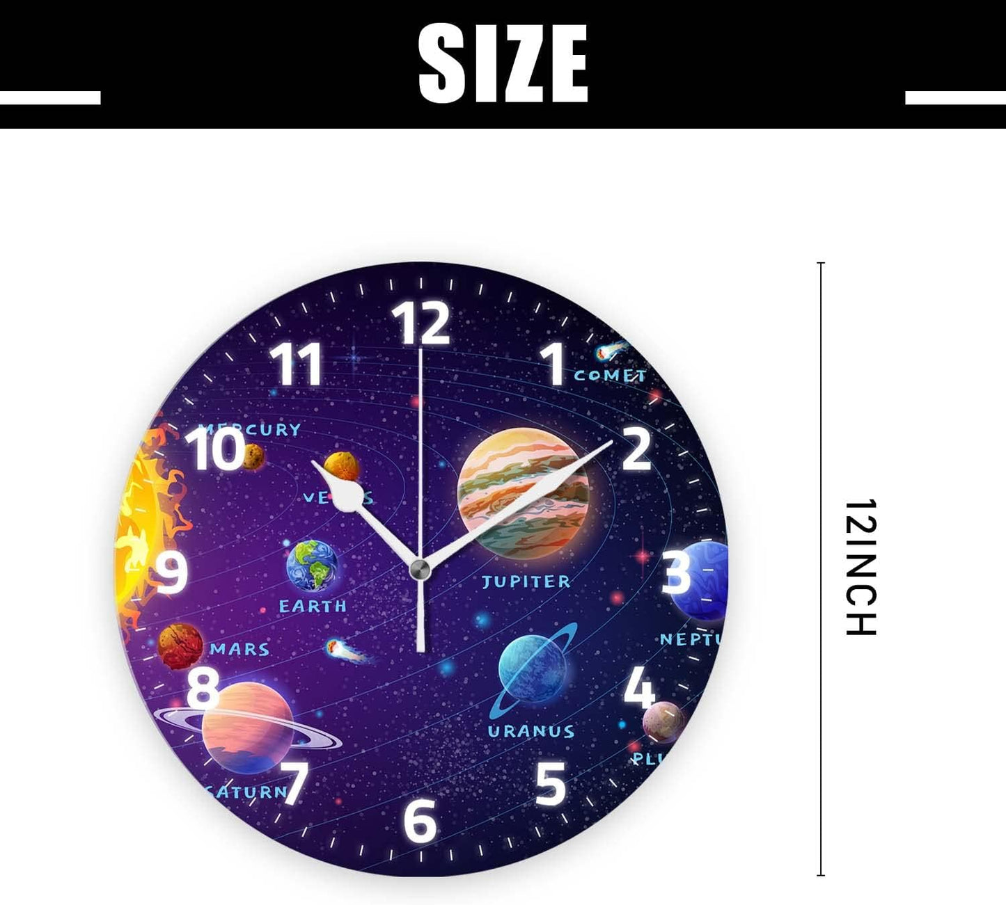 Battery Operated Wall Clocks 12 Inch,Solar System Dark,Silent Home Decor for Bathroom,Living Room,Bedroom