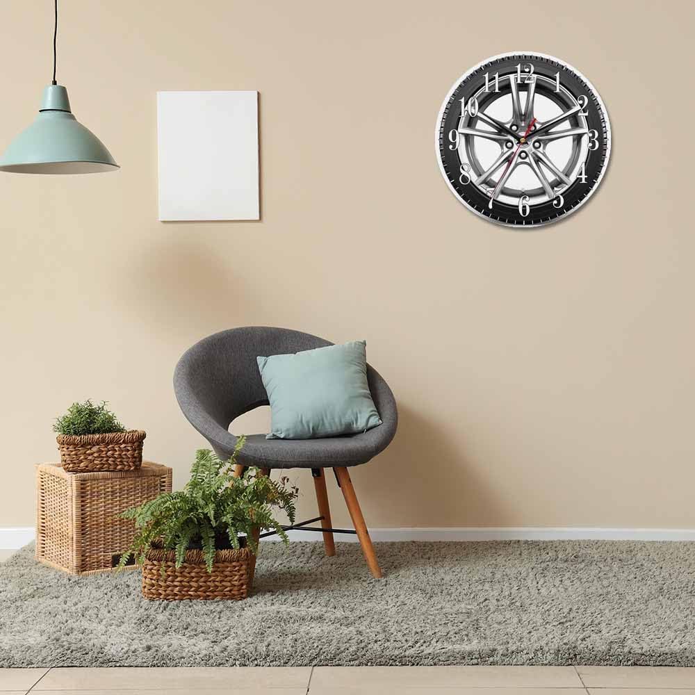 Mxocom Wheel Wall Clock Modern Car Wheel Black Tyre 10 Inch Silent Non Ticking Battery Operated Clock Vintage Round Clock for Living Room Bedroom Bathroom Office Decor