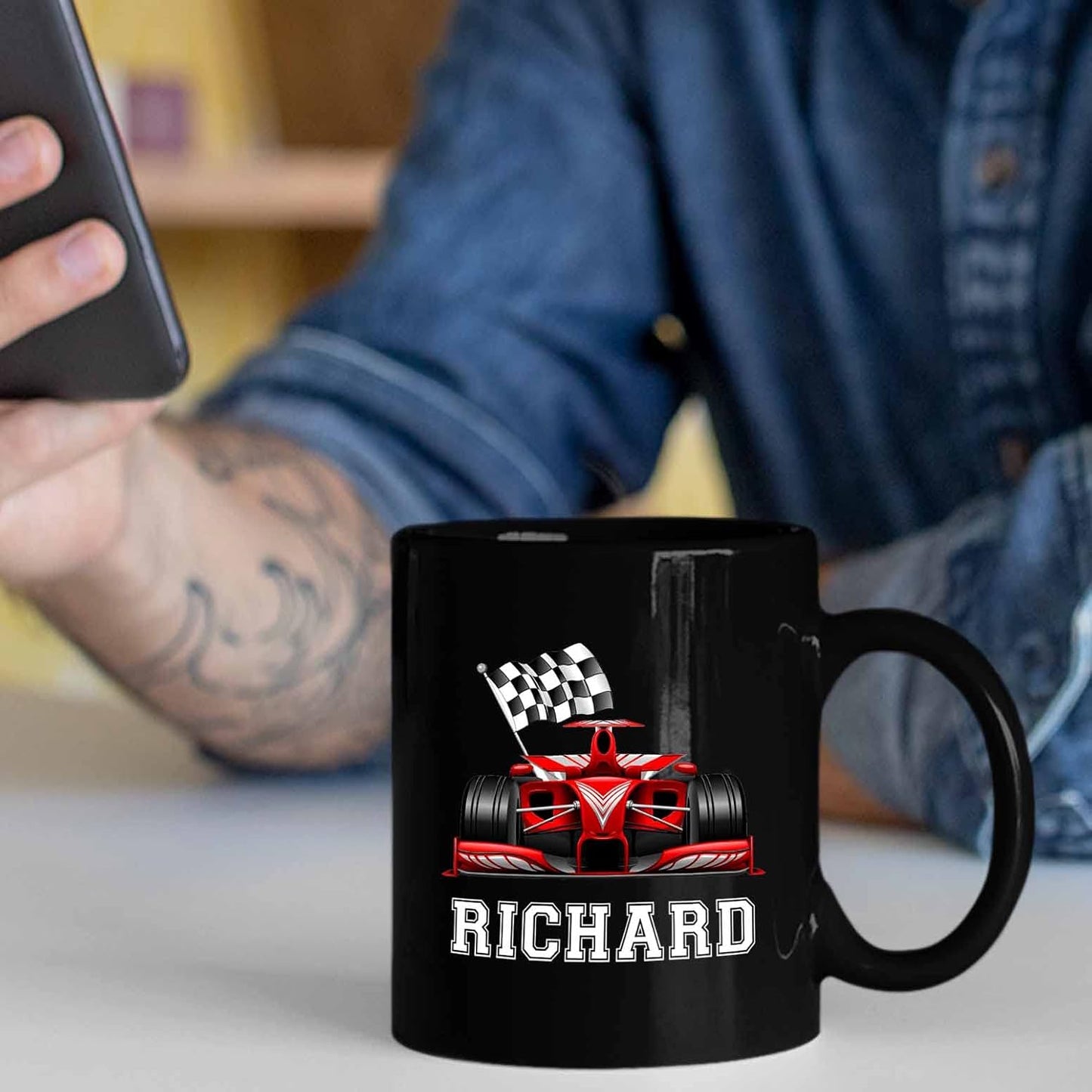 Personalized Car Racing Coffee Mug 11 Oz 15 Oz, Customized Black Ceramic Cup Gifts for Men Women Friend, Racer Travel Mug, Racing Lover Best Drag Gift