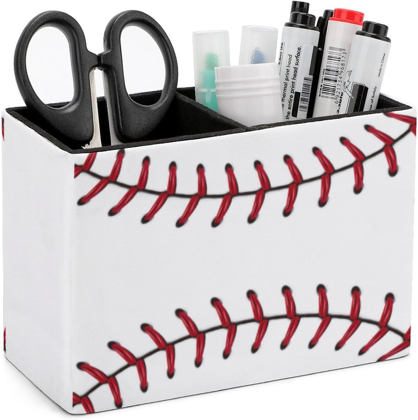Pen Holder, Pencil Holder for Desk Organizer, Ball Baseball Stitches Sport PU Leather Pencil Cups Desktop Stationery Storage Makeup Brush Holder Pen Organizer for Office Home