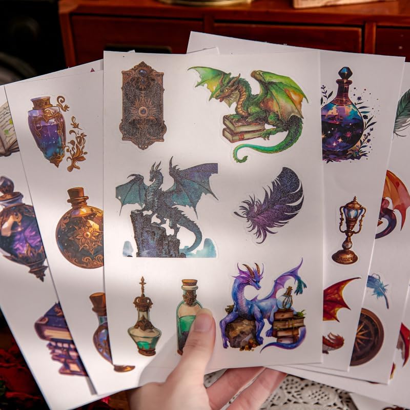 Pre-Cut Dragon and Witch Sticker Book Set, 40 Pages of Fantasy Ephemera for Scrapbooking, Journaling, DIY Crafting, and Art Supplies
