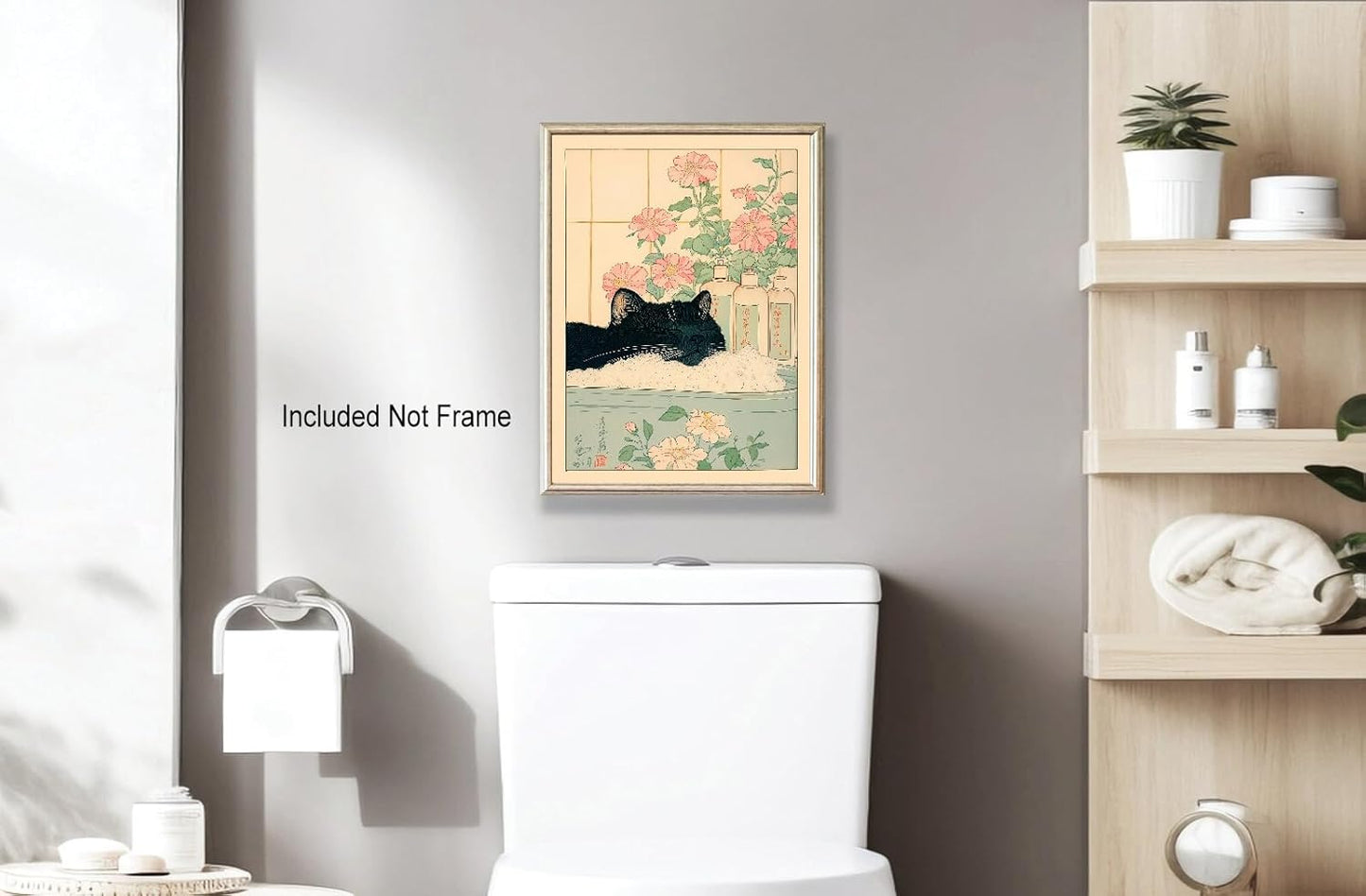 Vintage Black Cat in The Bathtub Posters Funny Bathroom Wall Art Cute Animal Lover Canvas Prints Japanese Aesthetic Neutral Minimalist Wall Decor for Restroom Toilet 16x24in Unframed
