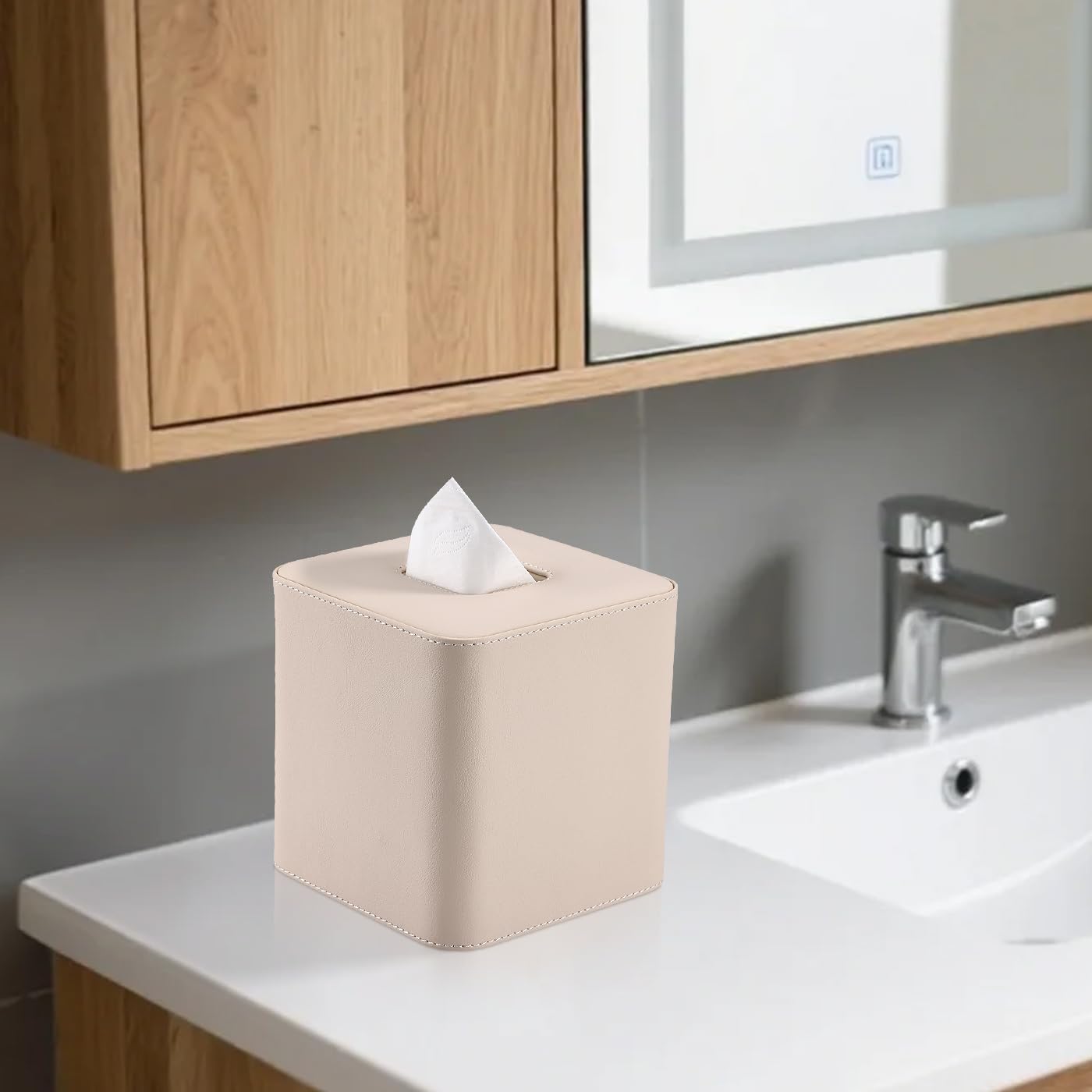 GORESE Leather Tissue Box Cover Square Kleenexs Box Cover, Cute Tissue Box Holder for Cube Box Tissues, Tissue Cover for Bedroom, Living Room, Bathroom, Beige