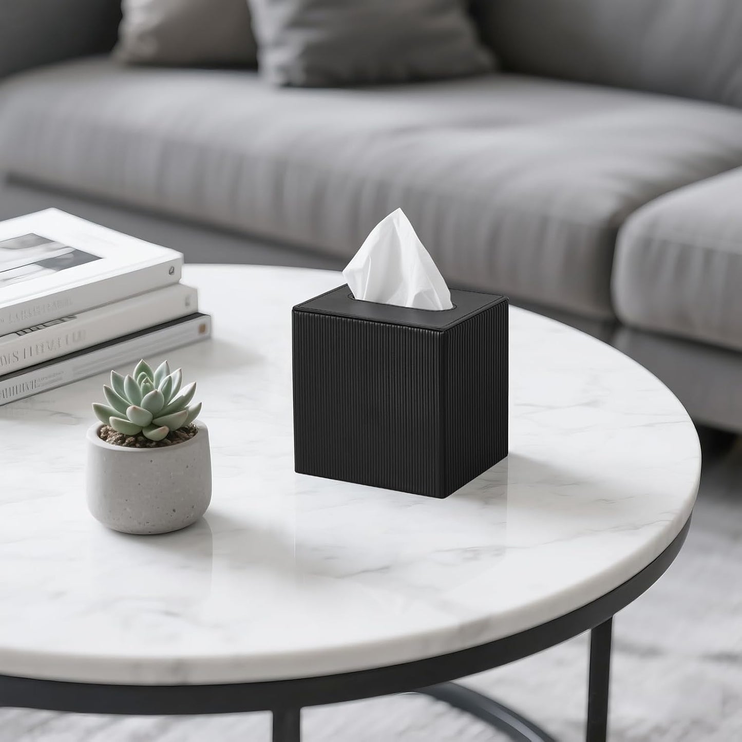 Mkono Tissue Box Cover PU Leather Square Tissue Box Holder with Bottom, Decorative Facial Cube Organizer for Bedroom Bathroom Dresser Vanity Countertop Night Stands Home Office Desk (Black)