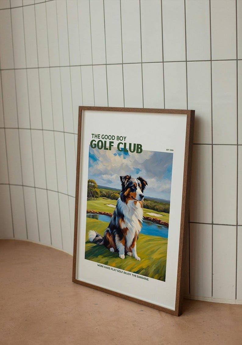Golf Wall Art Print, Good Boy Golf Club Poster with Australian Shepherd, Colorful Impasto Painting, Trendy Sports Decor, Aussie Dog Artwork, Great Gift for Golf Enthusiasts (Unframed) (11x14)