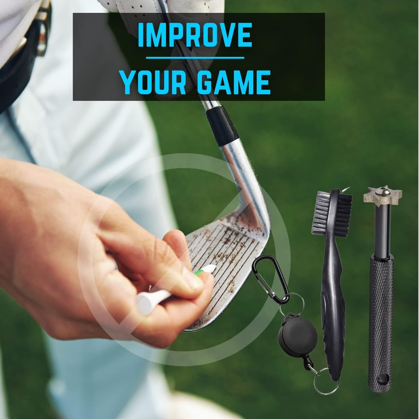 NuRich Golf Club Sharpener and Brush Cleaner Golfer Accessories Kit Comes with Wire/Nylon Brush, Iron Groove Sharpener, Retractable Zip-Line, and Golfing Carabiner for Golf Bag or Lanyard Attachment