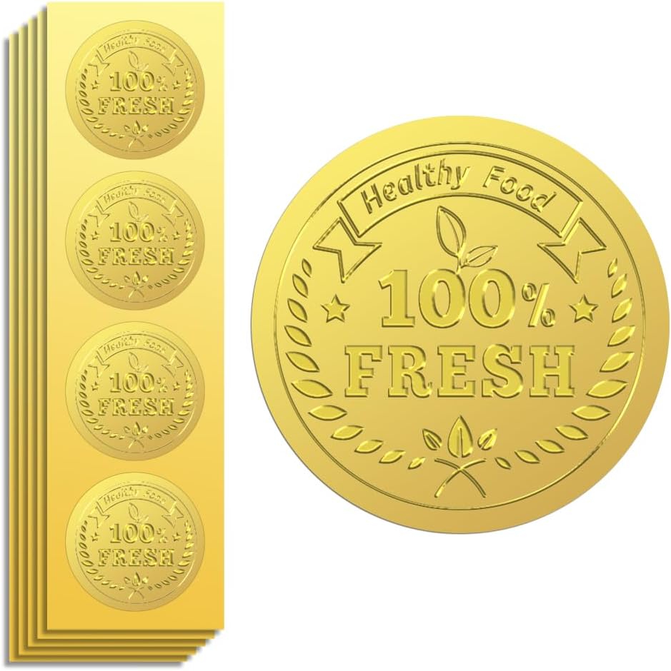 Peacoblue Gold Foil Stickers Seals Embossed 2 Inch 100Pcs 100% Fresh Healthy Food, Self Adhesive Gold Around Embossing Medal Sticker for Food Bag Wrapper Baking Decor