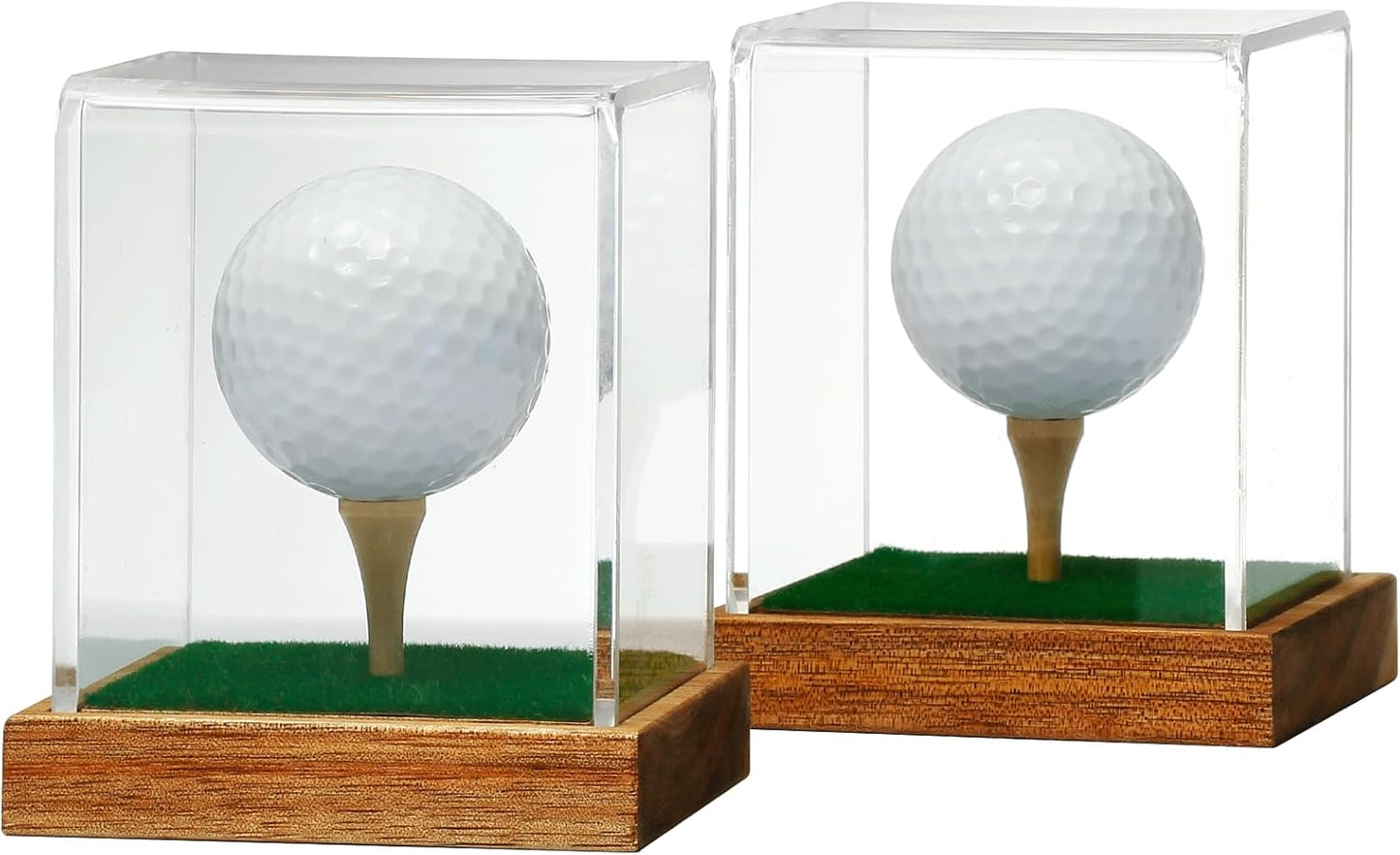 JupDec Golf Ball Display Case Clear Acrylic Memorabilia Stand Cube Holder with Wood Base & Tee, Dust Protection Transparent Storage Box for Single Ball Souvenir Golfball Collections, Brown, 2 Pack