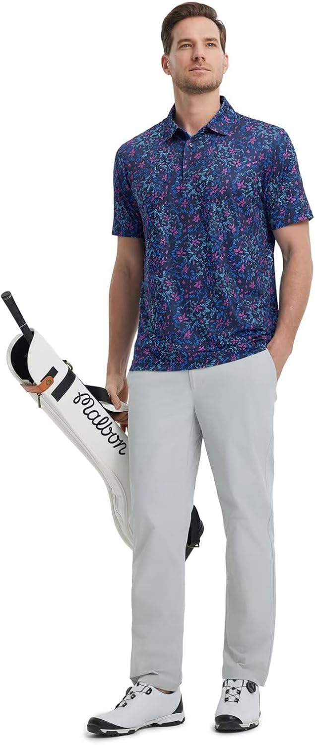 M MAELREG Mens Golf Shirt Short Sleeve Dry Fit Print Moisture Wicking Performance Patterns Collared Polo Shirt