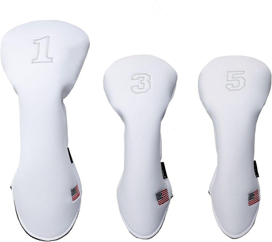 Golf Driver Head Covers 3-Pack for Men & Women - Premium PU Leather with Elephant Embroidery, Double Elastic Band (Driver/Fairway/Hybrid), Waterproof & Durable - White Grey or Black Grey